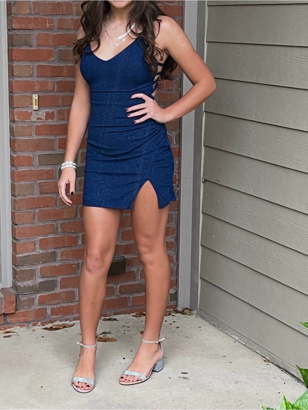 Strappy Navy Sparkle Mini Dress with Front Slit